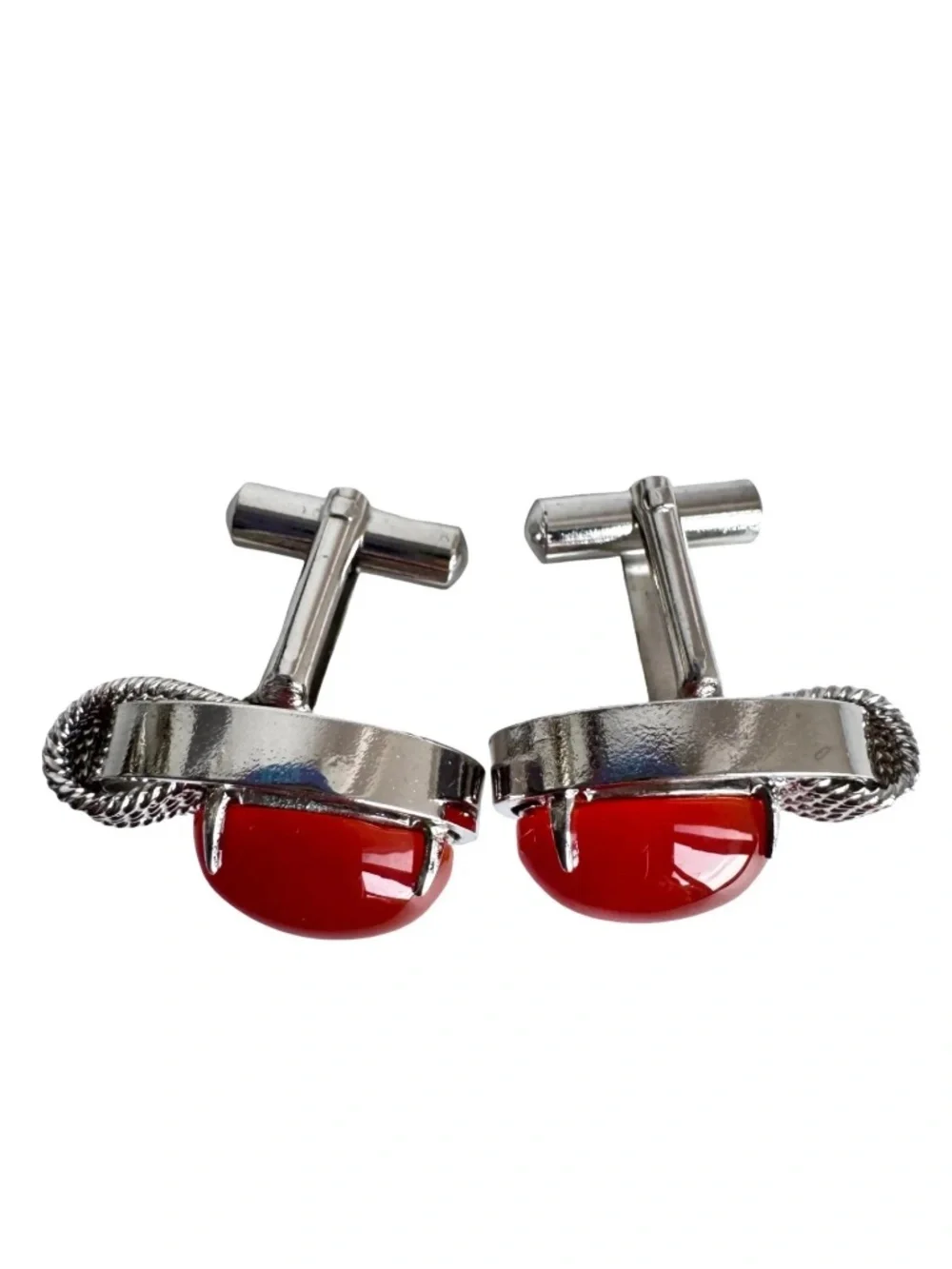 Vintage Red Cabochon Cufflinks Silver Tone Oval Mens Formal Jewelry Groom Gift